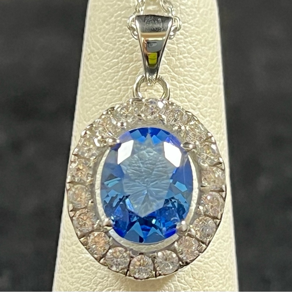 Swiss Blue Topaz & White Topaz Sterling Silver Pendant & Link Chain
